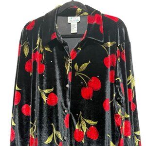 Quacker Factory Cherry Print Black Velvet Button Up Top Whimsigoth Womens Sz 1X